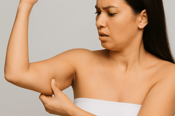 Woman Examining Loose Skin On Her Upper Arm After Weight Loss, Highlighting Common Areas Affected By Skin Laxity