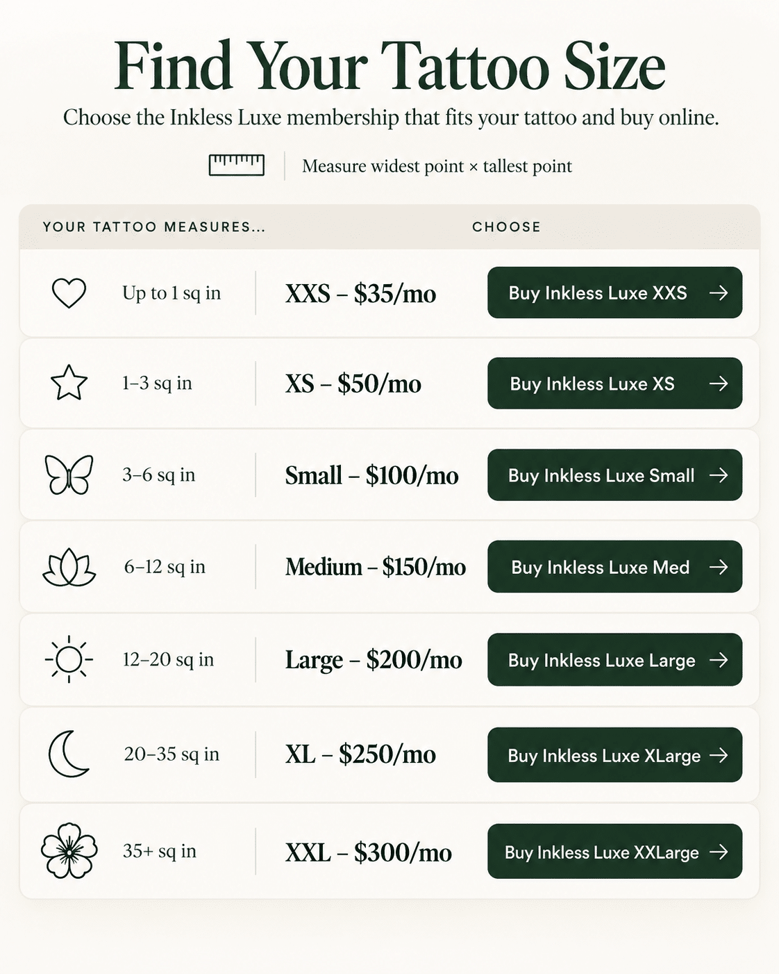 Inkless Luxe Tattoo Size Guide